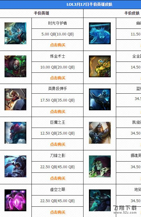 lol3月17日半价英雄皮肤