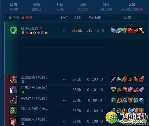 LOL女玩家玩人机狂拿515个人头！一次达成所游戏有成就