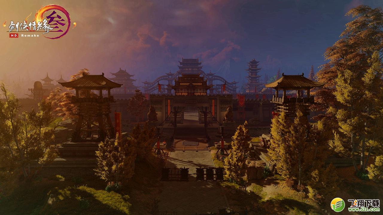 天策府紧扣“长河落日东都城”的原设意境，众多领先技术打造的火烧云天空极具视觉表现力。广阔城池更让热血男儿心驰神往。