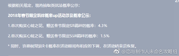 恋与制作人2018年春节限定羁绊概率up活动涉及概率分享